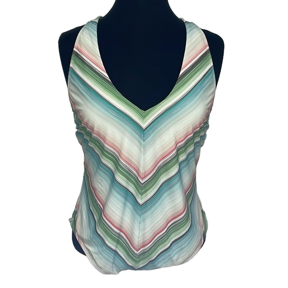 Jantzen Size 16 one piece bathing swimsuit. Woven back straps. Colorful stripes.